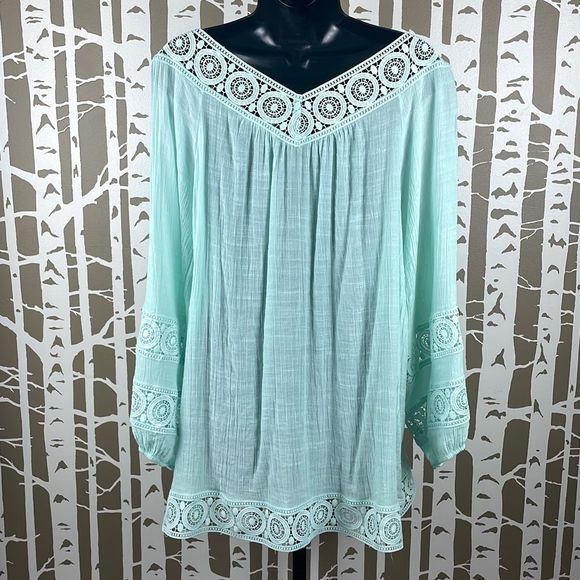 Indigo Soul Gauze Crochet Lace Trim Balloon Sleeve Tunic Top 2XL - Picture 3 of 11